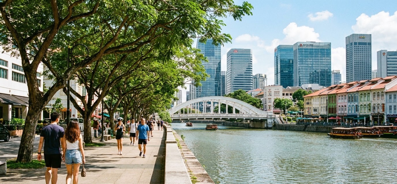 People walking the paved riverside promenade along the Singapore River past Elgin Bridge on a sunny day People walking the paved riverside promenade along the Singapore River past Elgin Bridge on a sunny day