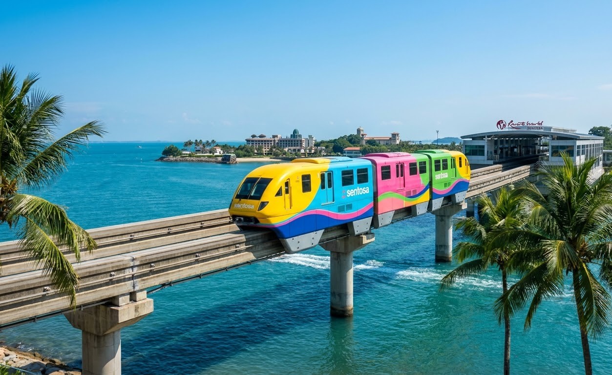 Colorful Sentosa Express monorail train gliding along elevated track over Keppel Harbour