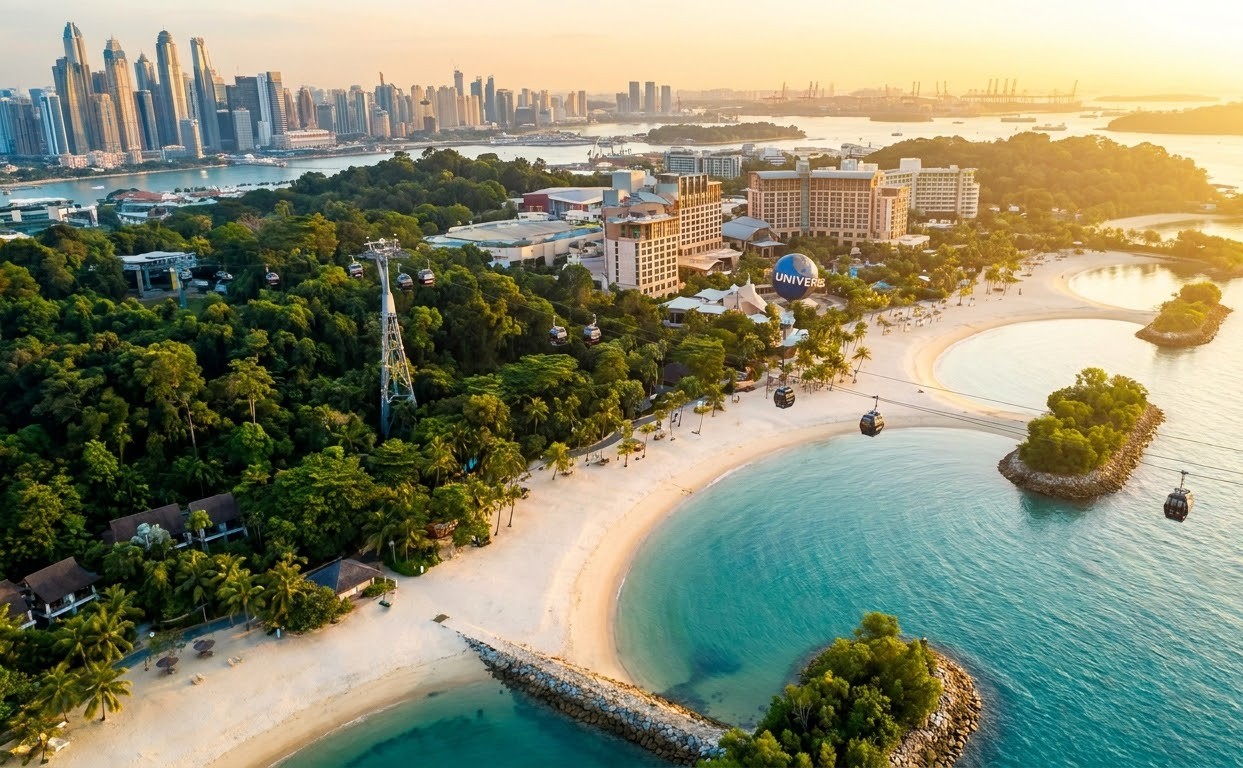 Panoramic aerial view of Sentosa Island white sand beaches and lush green tropical canopy