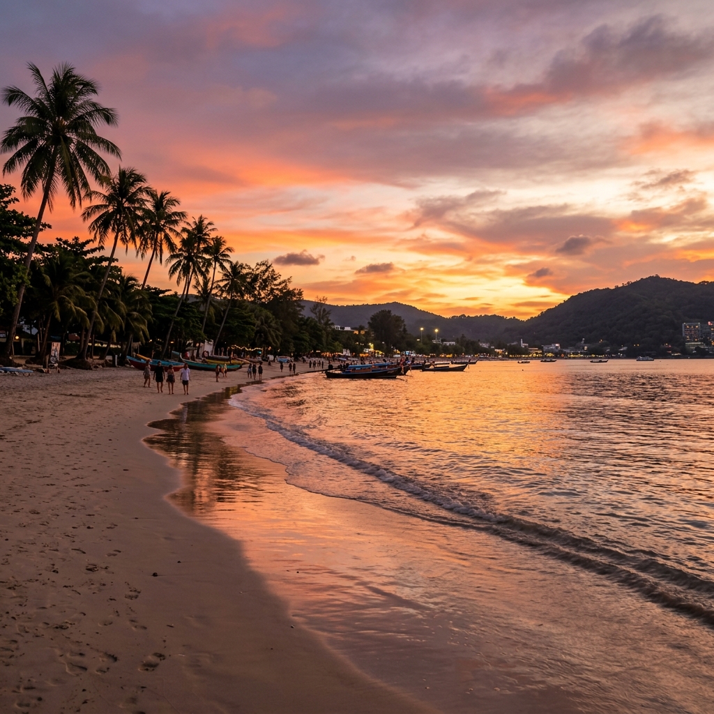 Beautiful Patong Beach in Phuket at sunset with a curved sandy shoreline and palm trees