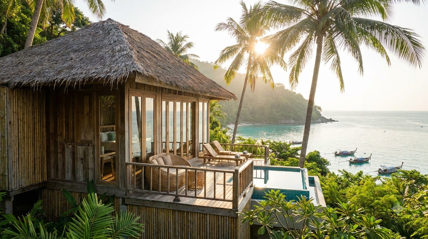Hillside resort bungalows tucked under limestone cliffs overlooking Andaman Sea