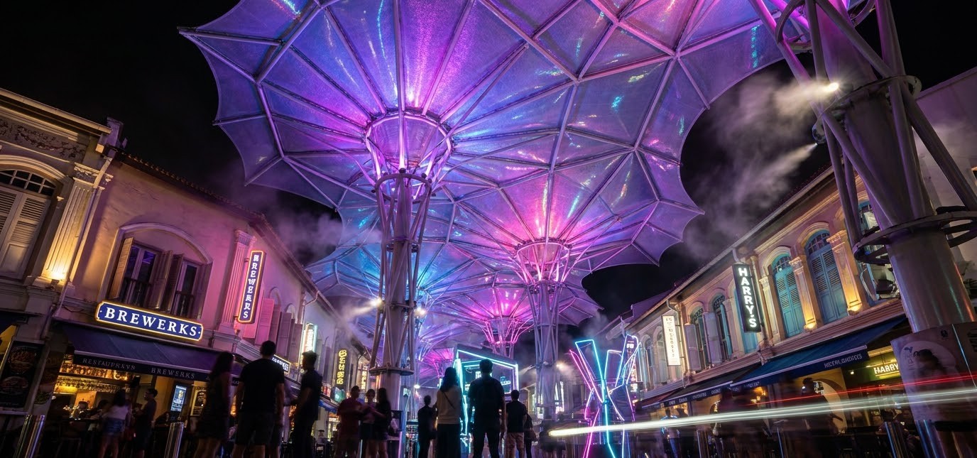 Illuminated translucent canopies glowing above the pedestrian courtyard at CQ @ Clarke Quay at night Illuminated translucent canopies glowing above the pedestrian courtyard at CQ @ Clarke Quay at night