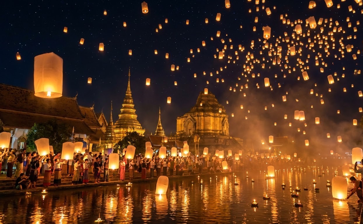 Thousands of warm glowing paper lanterns floating in the dark night sky over Chiang Mai during Yi Peng