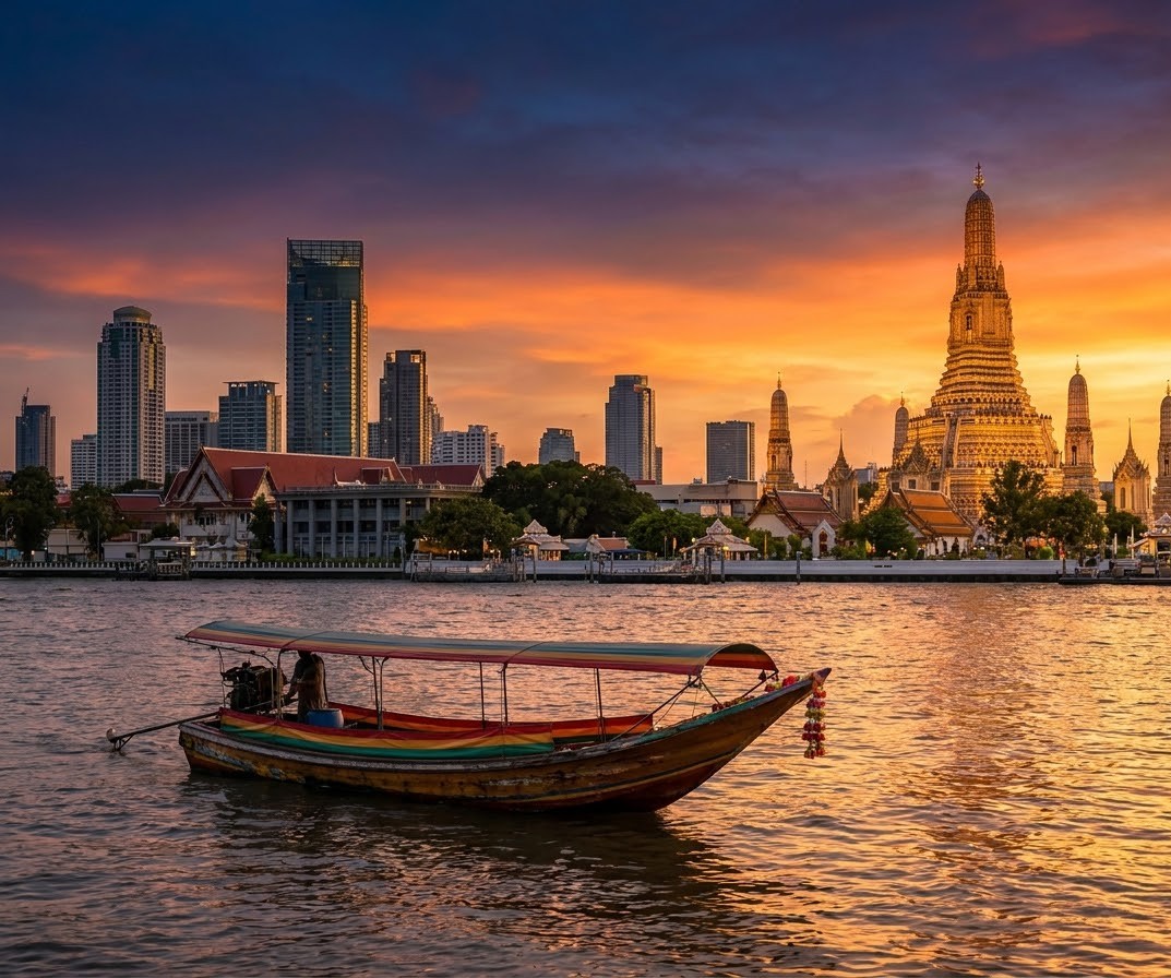 Traditional Thai longtail boat floating on the Chao Phraya River with the glittering temples of Bangkok in the background under a golden sunset sky Bangkok Travel Cover River Sunset