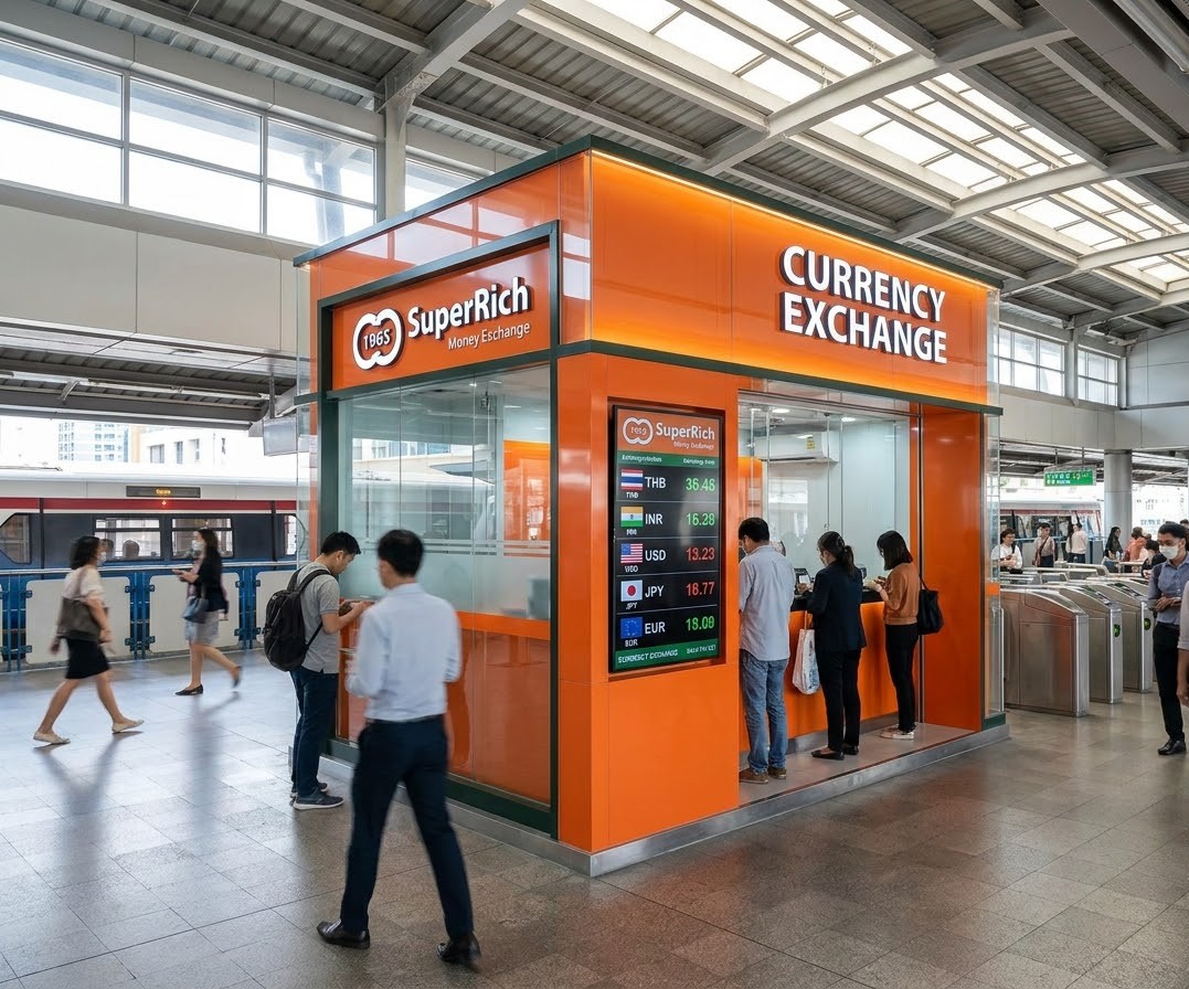 A modern orange SuperRich currency exchange booth located inside a BTS transit station in Bangkok Thailand SuperRich Currency Exchange