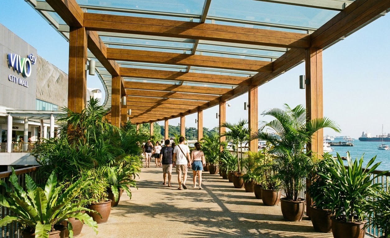 Covered wooden garden canopy walkway along the free Sentosa Boardwalk