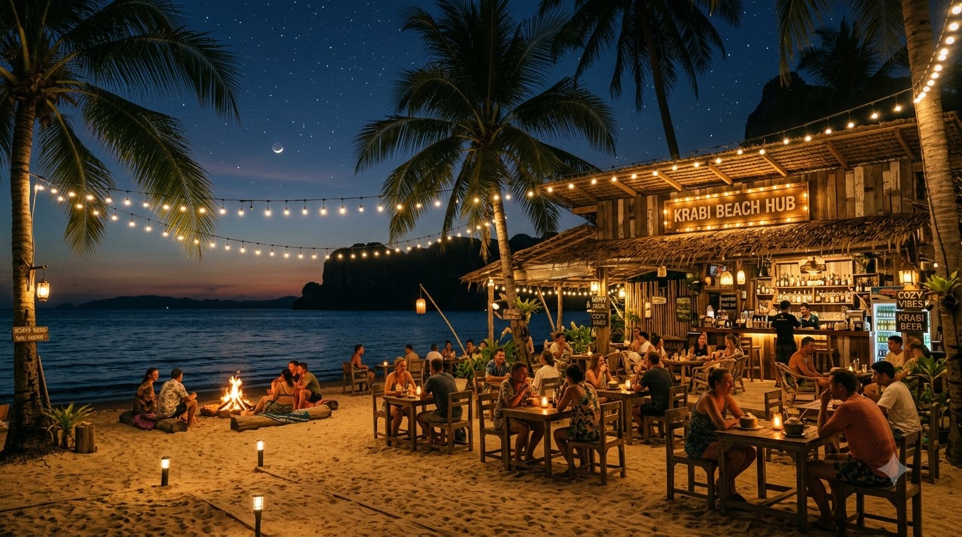 Casual beachside bar with string lights and bonfires along sand at night