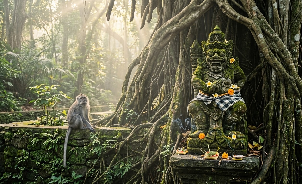 Traditional Balinese Candi Bentar split gateway with pink flowers at Ubud Palace