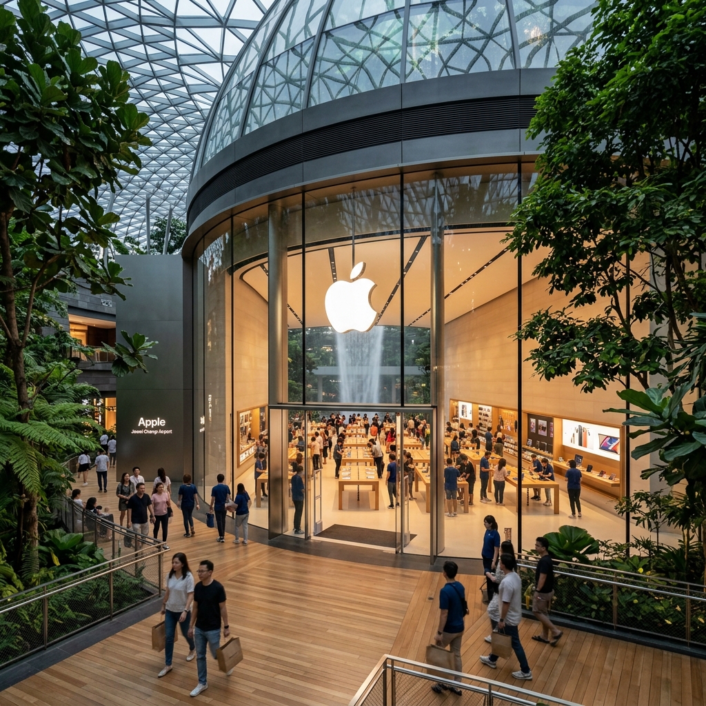 Apple Store glass curved facade at Jewel Changi Airport Level 2 Apple Store glass curved facade at Jewel Changi Airport Level 2