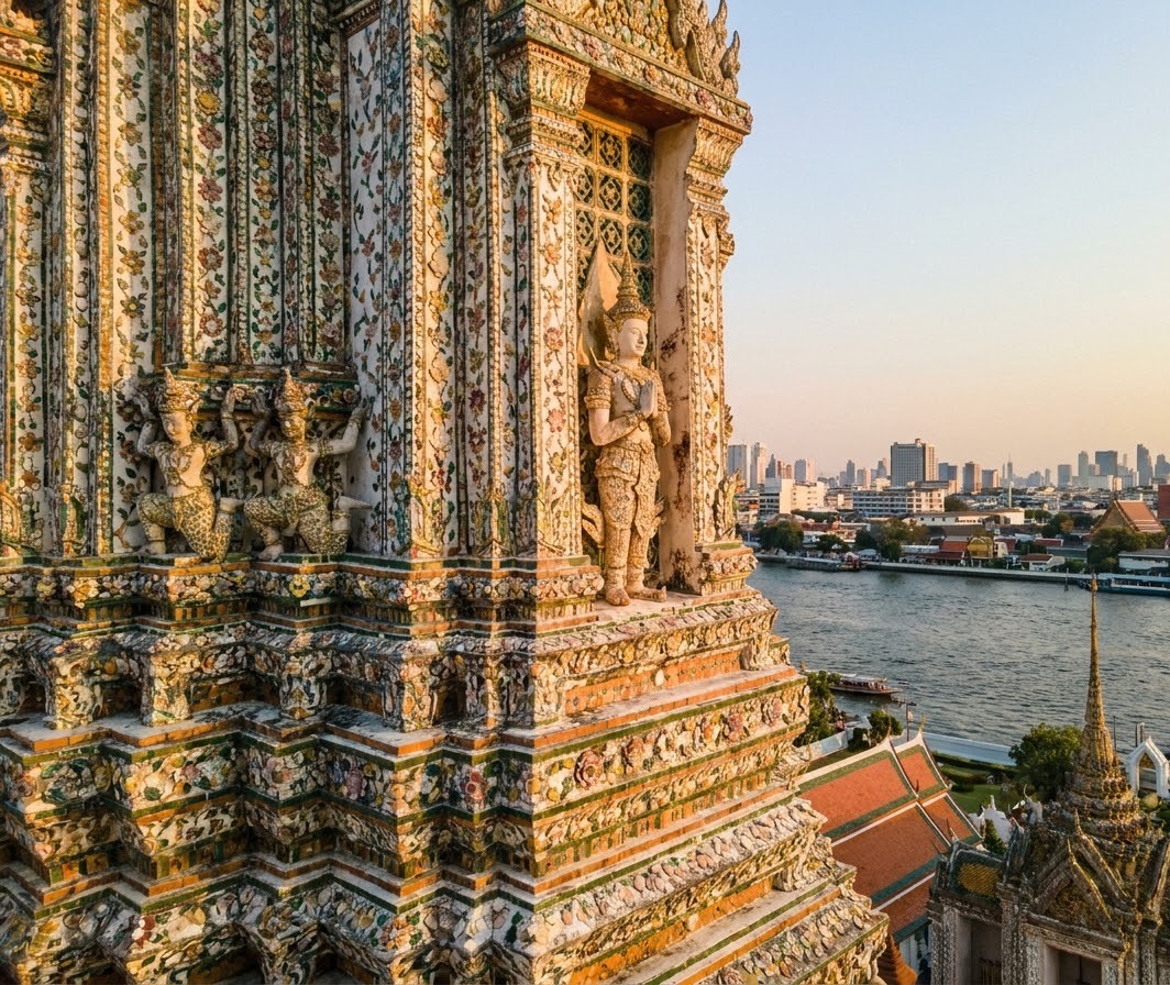 The towering central porcelain spire of Wat Arun Temple of Dawn encrusted with colorful Chinese ceramic tiles in Bangkok Thailand Wat Arun Temple of Dawn Spire