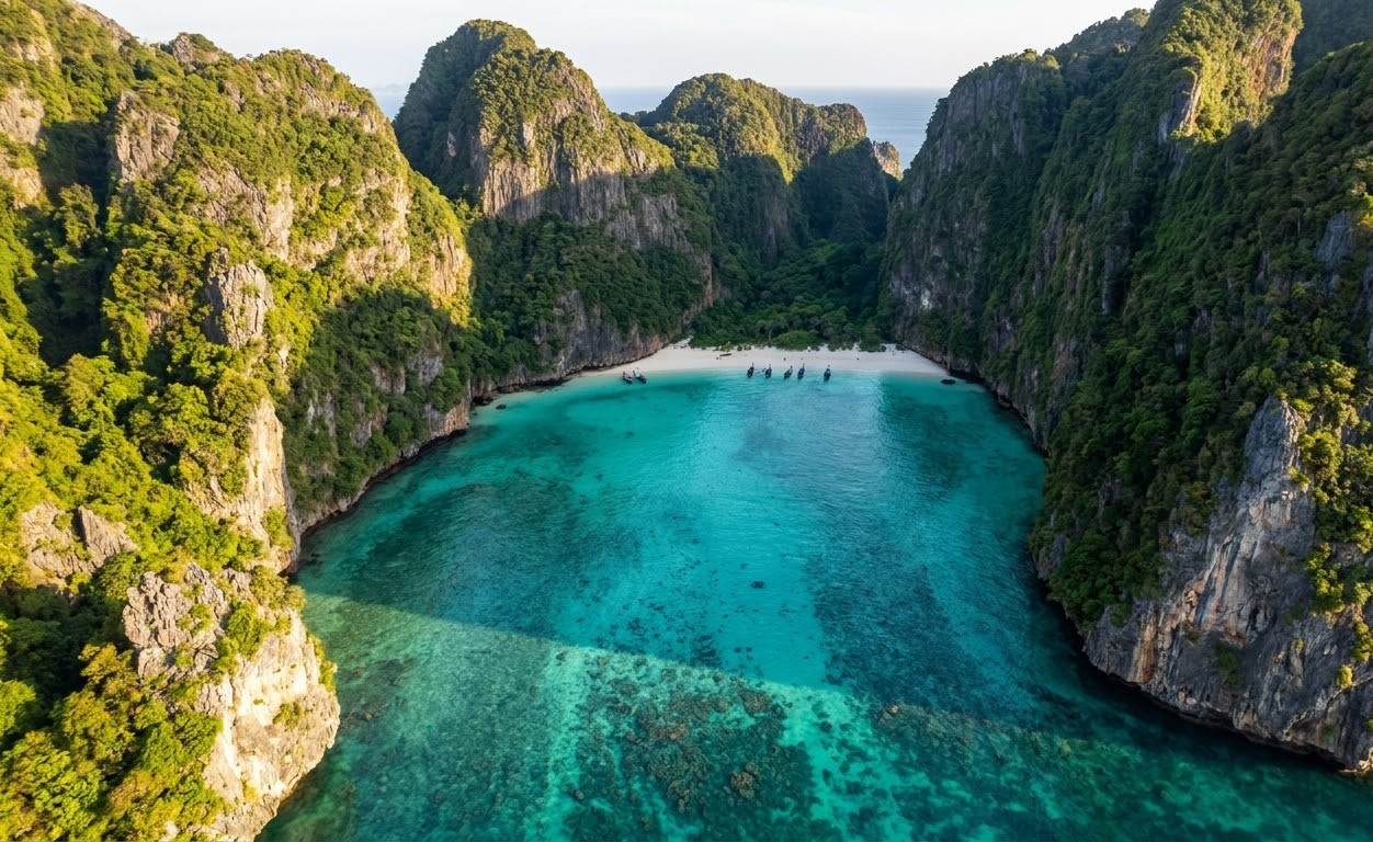 Drone shot of Maya Bay lagoon in Phi Phi Islands enclosed by towering green-covered limestone cliffs