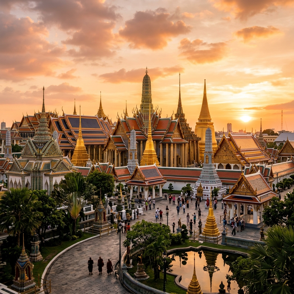 Golden spires and traditional Buddhist temple architecture of the Grand Palace in Bangkok under sunset golden hour light