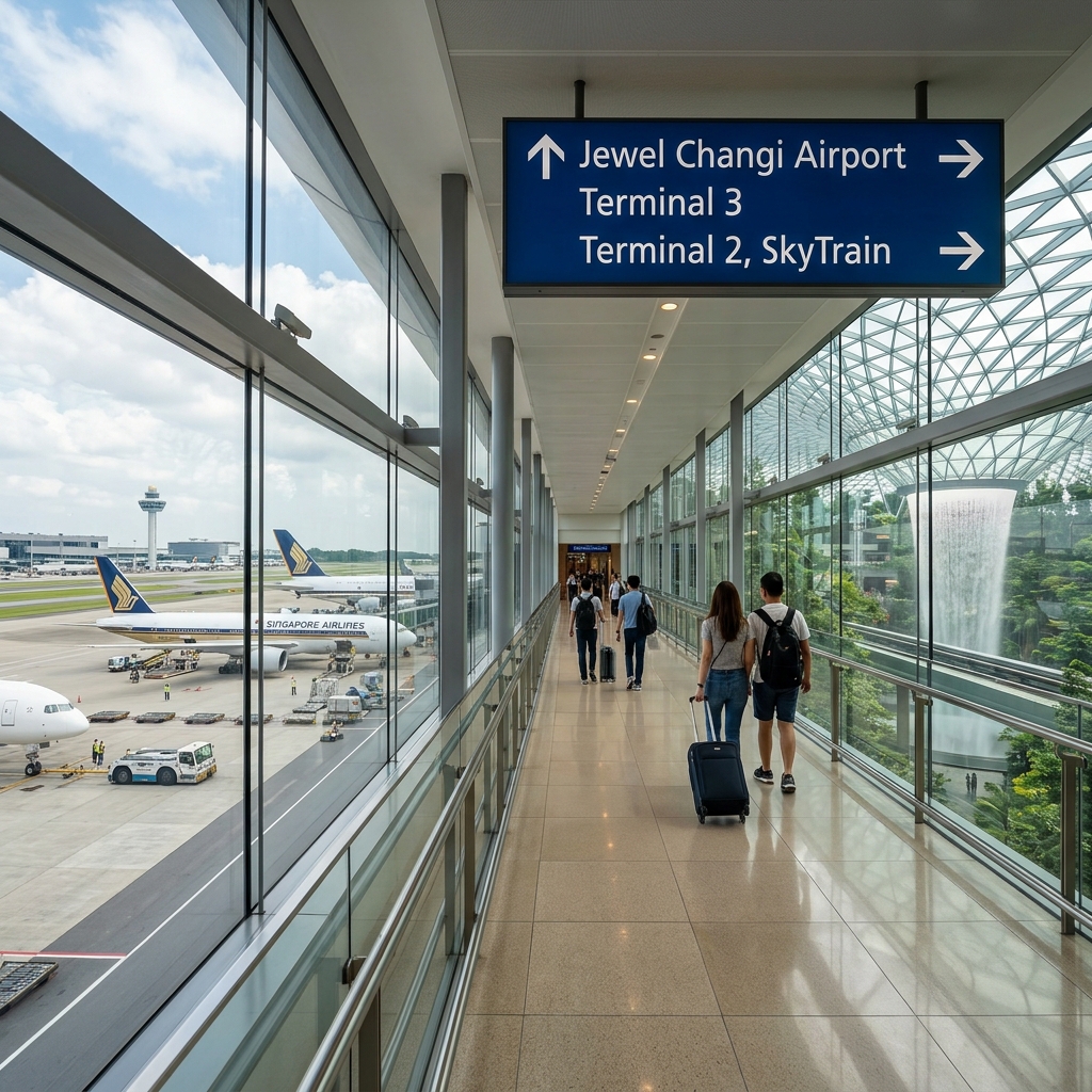 Air-conditioned passenger link bridge connecting Terminal 3 to Jewel Changi Airport Air-conditioned passenger link bridge connecting Terminal 3 to Jewel Changi Airport