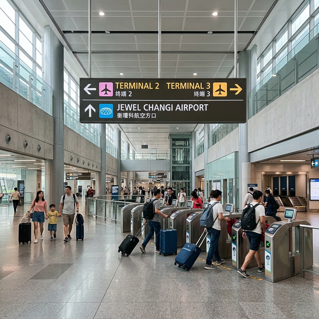 Changi Airport MRT station exit with signs leading to Jewel Changi Changi Airport MRT station exit with signs leading to Jewel Changi