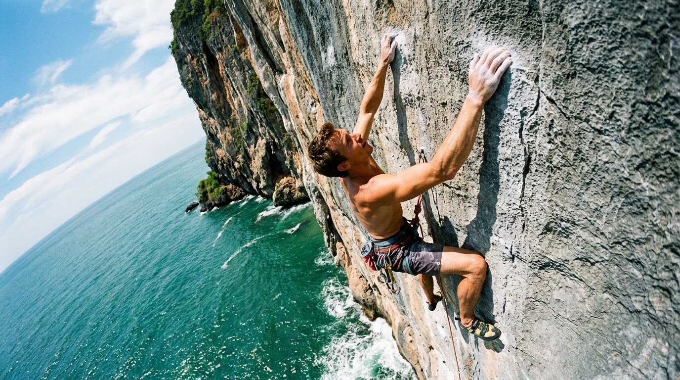 Rock climber ascending vertical limestone wall over ocean at Railay Beach