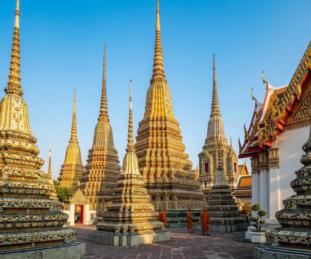 Glittering golden Buddhist chedis (spires) decorated with intricate floral ceramic tiles at Wat Pho under a clear blue sky Bangkok Wat Pho Temple Spires