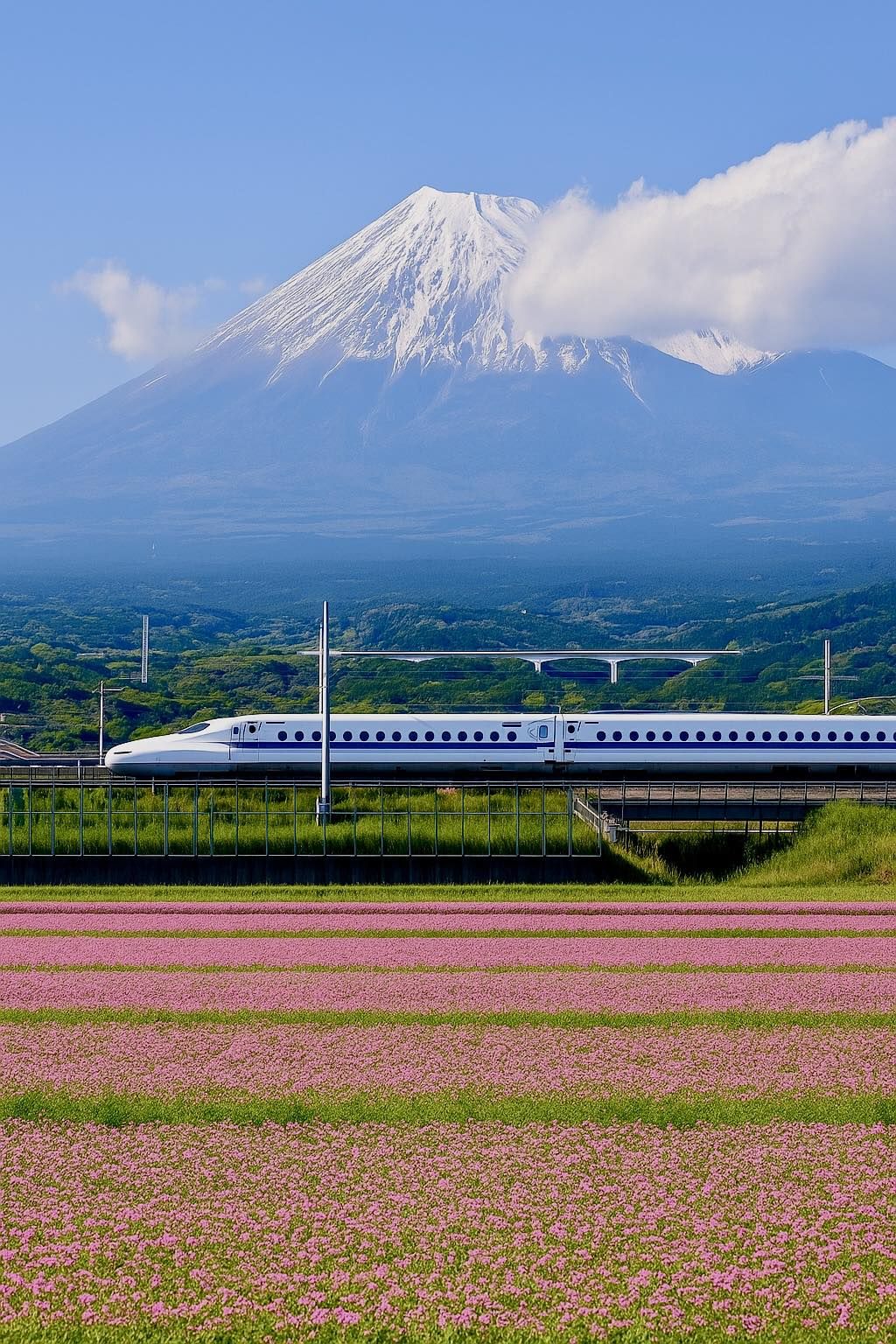 Japanese Shinkansen bullet train traveling through countryside from Tokyo to Osaka Japan