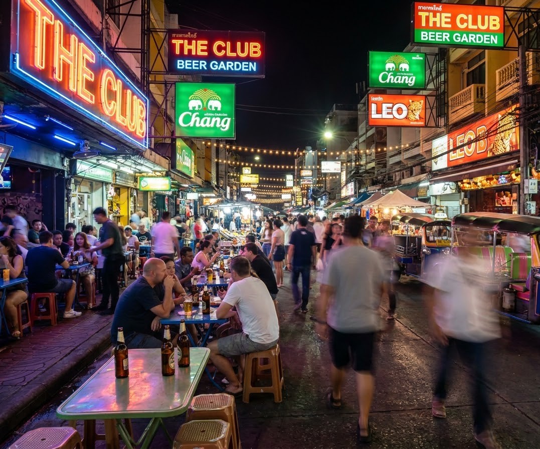 Vibrant night scene at Khao San Road in Bangkok with bright neon signs, outdoor seating, and tourists enjoying the street party vibe Khao San Road Nightlife