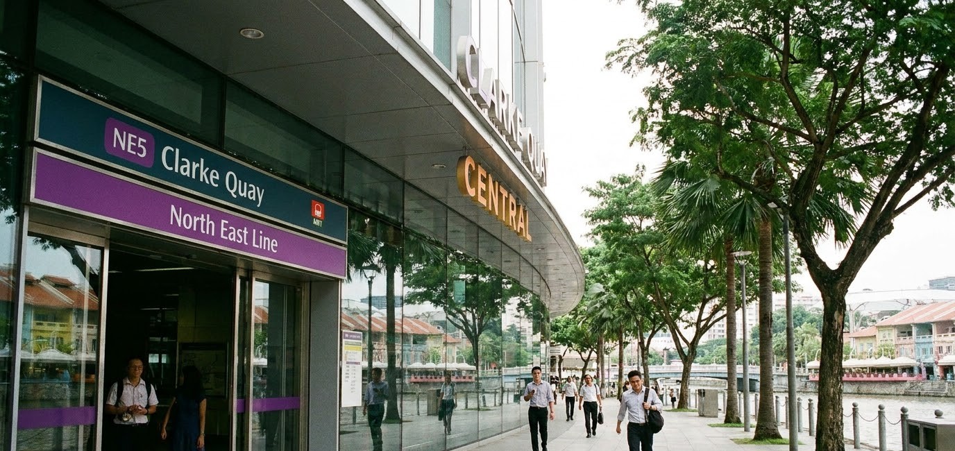 Entrance to Clarke Quay MRT station beneath the Clarke Quay Central mall on the south bank of the river Entrance to Clarke Quay MRT station beneath the Clarke Quay Central mall on the south bank of the river