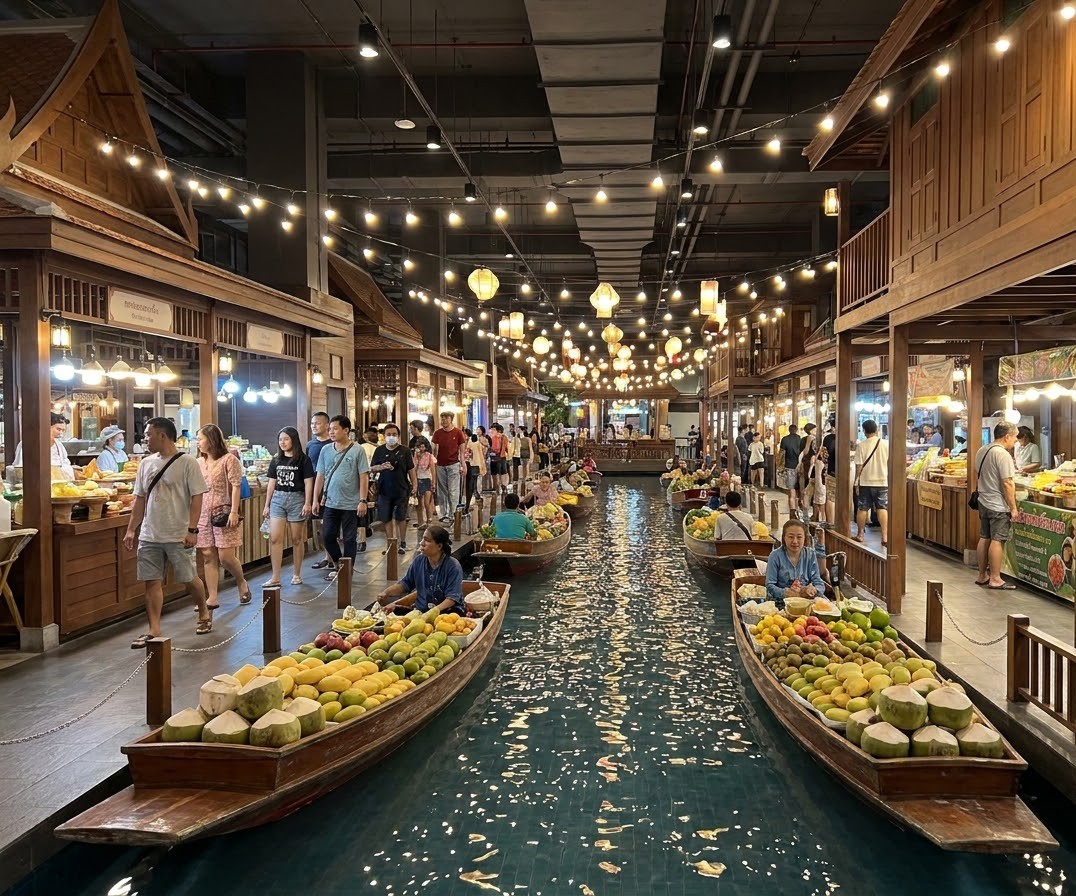 Traditional wooden canal boats and street food stalls under warm lighting inside SookSiam at ICONSIAM Mall Bangkok SookSiam Floating Market ICONSIAM