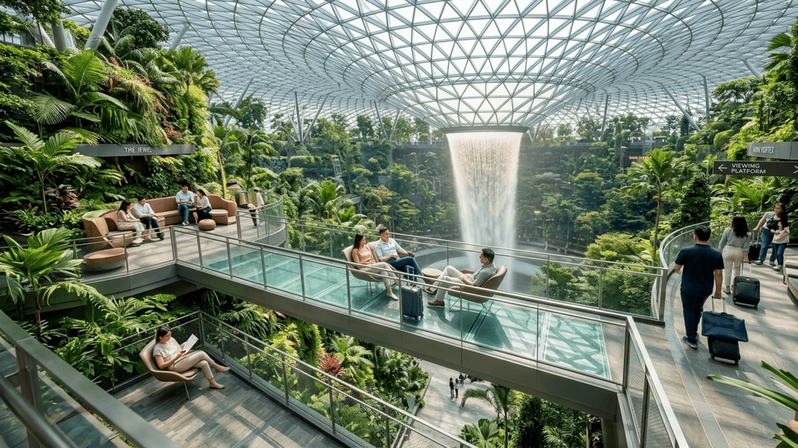 HSBC Rain Vortex indoor waterfall at Jewel Changi Airport in Singapore HSBC Rain Vortex indoor waterfall at Jewel Changi Airport in Singapore