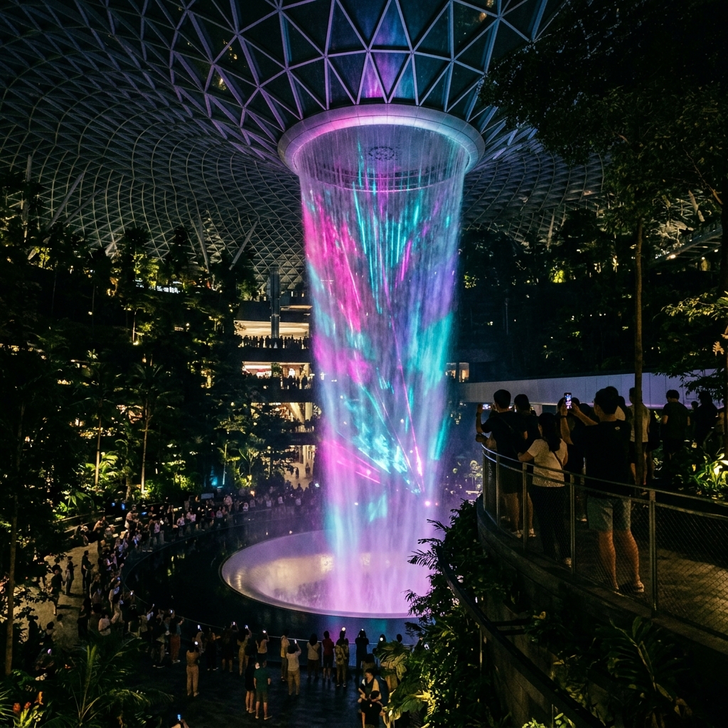 Jewel Changi Airport Rain Vortex Light and Music Show at night Jewel Changi Airport Rain Vortex Light and Music Show at night