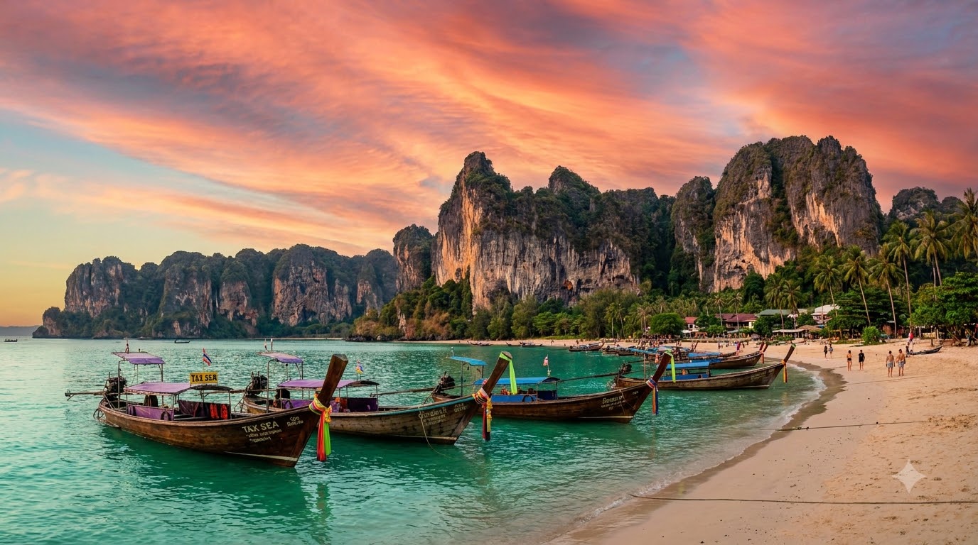Sunset over sea and limestone karsts at Ao Nang Beach in Krabi