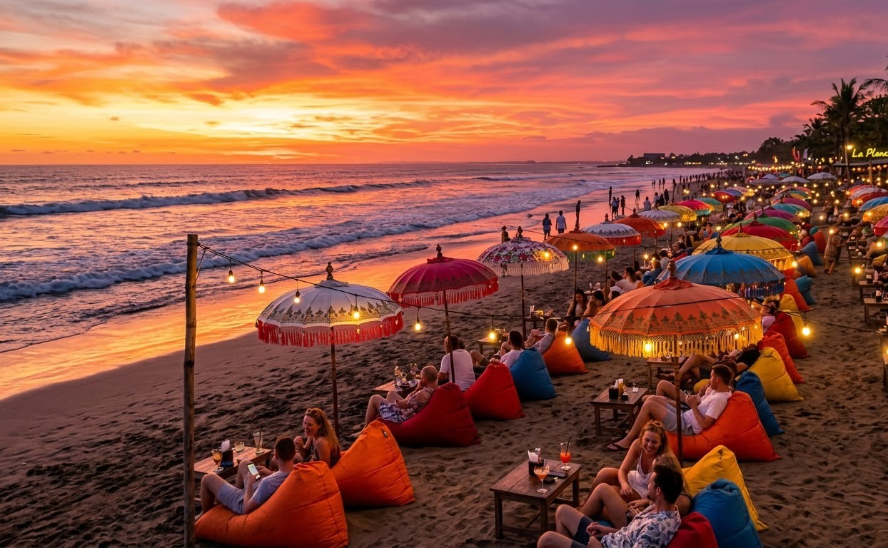 Seminyak Beach sunset with colorful umbrellas and beanbags
