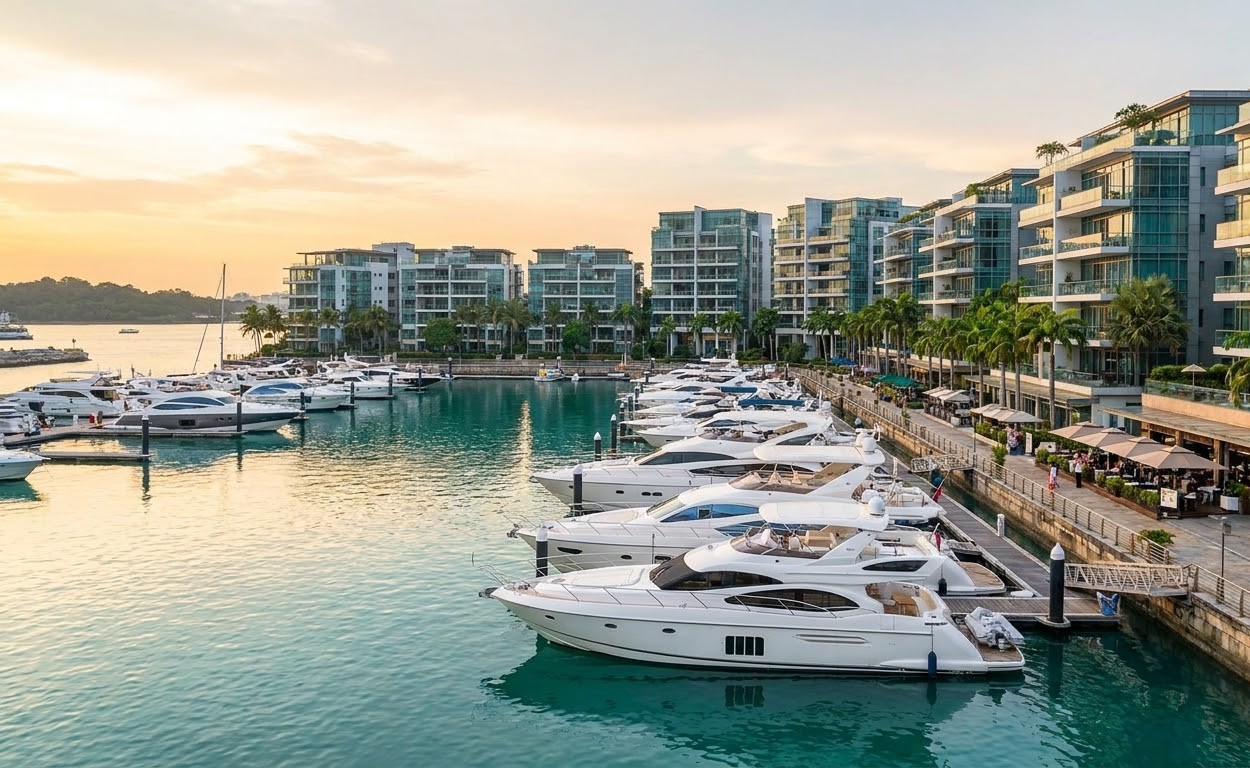 Luxury white yachts docked at Sentosa Cove marina waterfront promenade