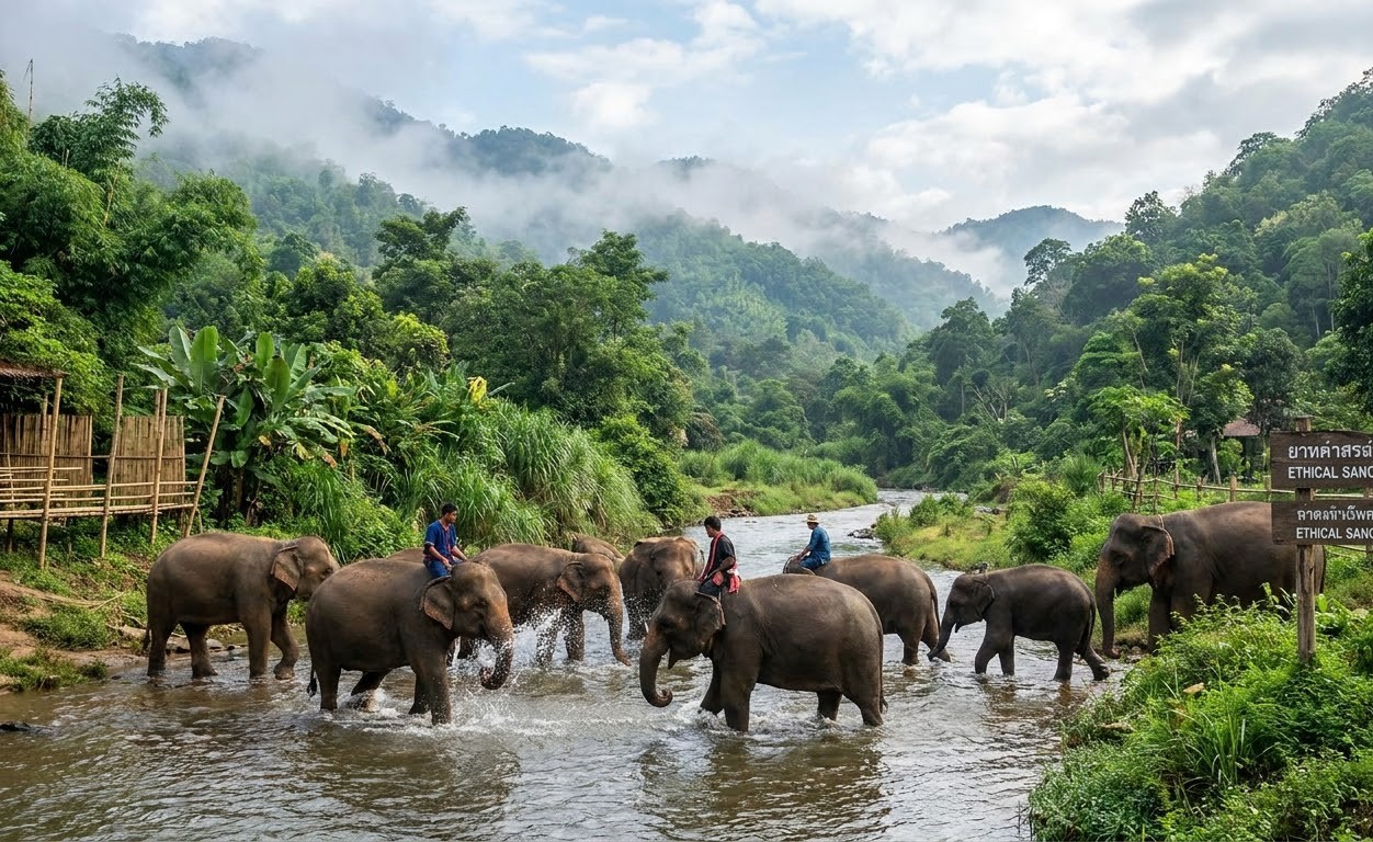 Rescued Asian elephants bathing peacefully in a river at an ethical sanctuary in Chiang Mai Thailand