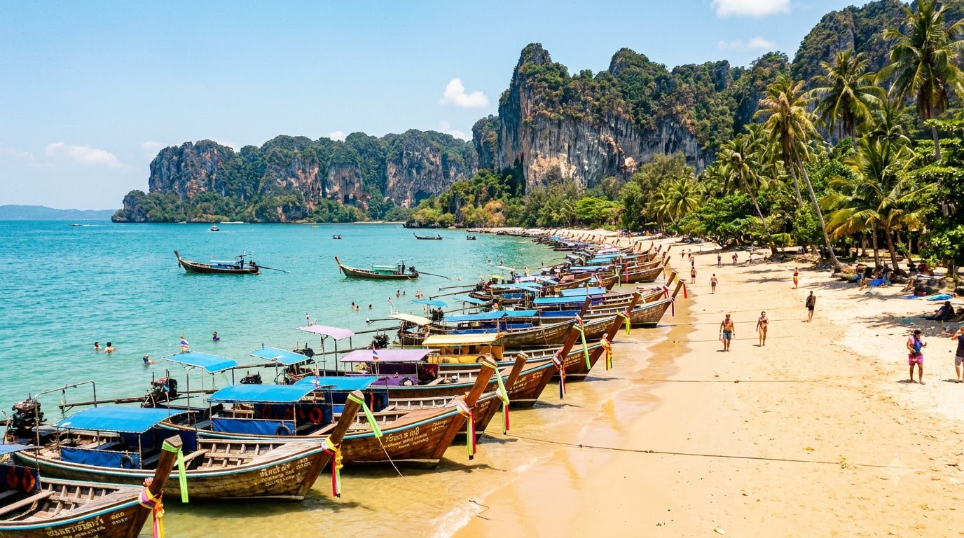 Traditional longtail boats resting on soft sand at Railay Beach in Krabi