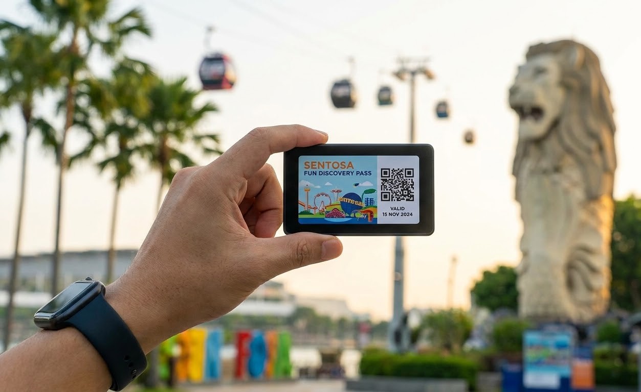 Tourist holding digital pass and taking a photo of cable cars at Sentosa Island
