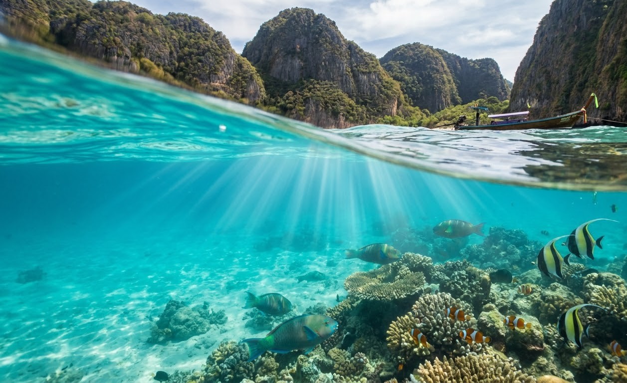 Maya Bay turquoise lagoon and towering limestone karsts Maya Bay Phi Phi Island Lagoon