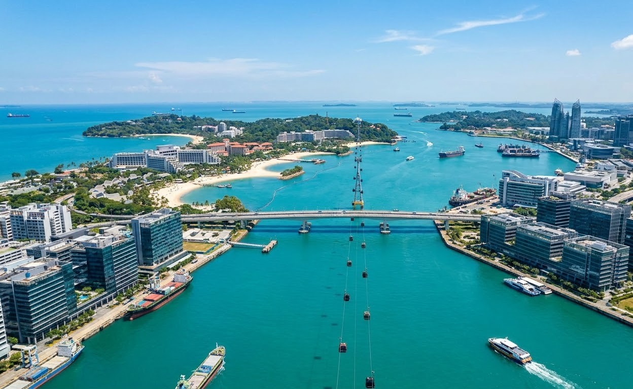 Aerial view of Keppel Harbour channel connecting main Singapore island to Sentosa