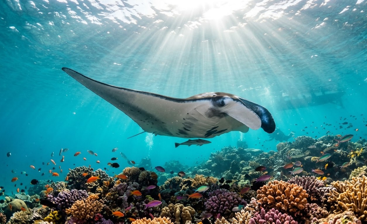 Underwater shot of giant oceanic manta ray snorkeling in Nusa Penida
