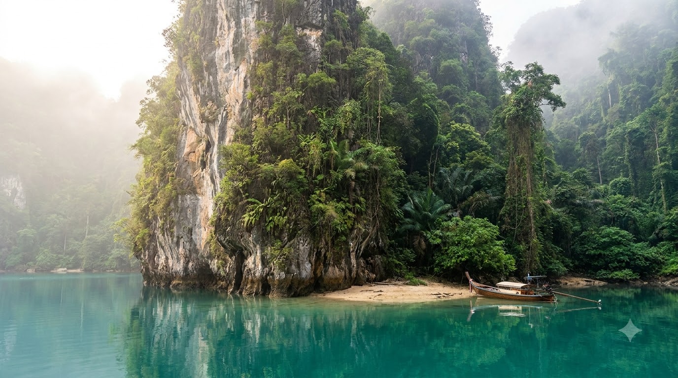 Longtail boat floating in emerald waters at Phi Phi Leh in Krabi