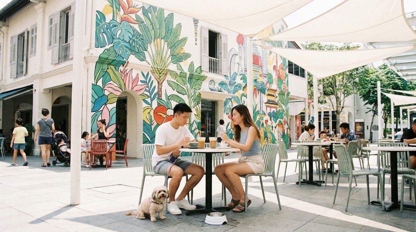Couple with a small dog at a pet-friendly alfresco cafe table in the Clarke Quay courtyard at midday Couple with a small dog at a pet-friendly alfresco cafe table in the Clarke Quay courtyard at midday