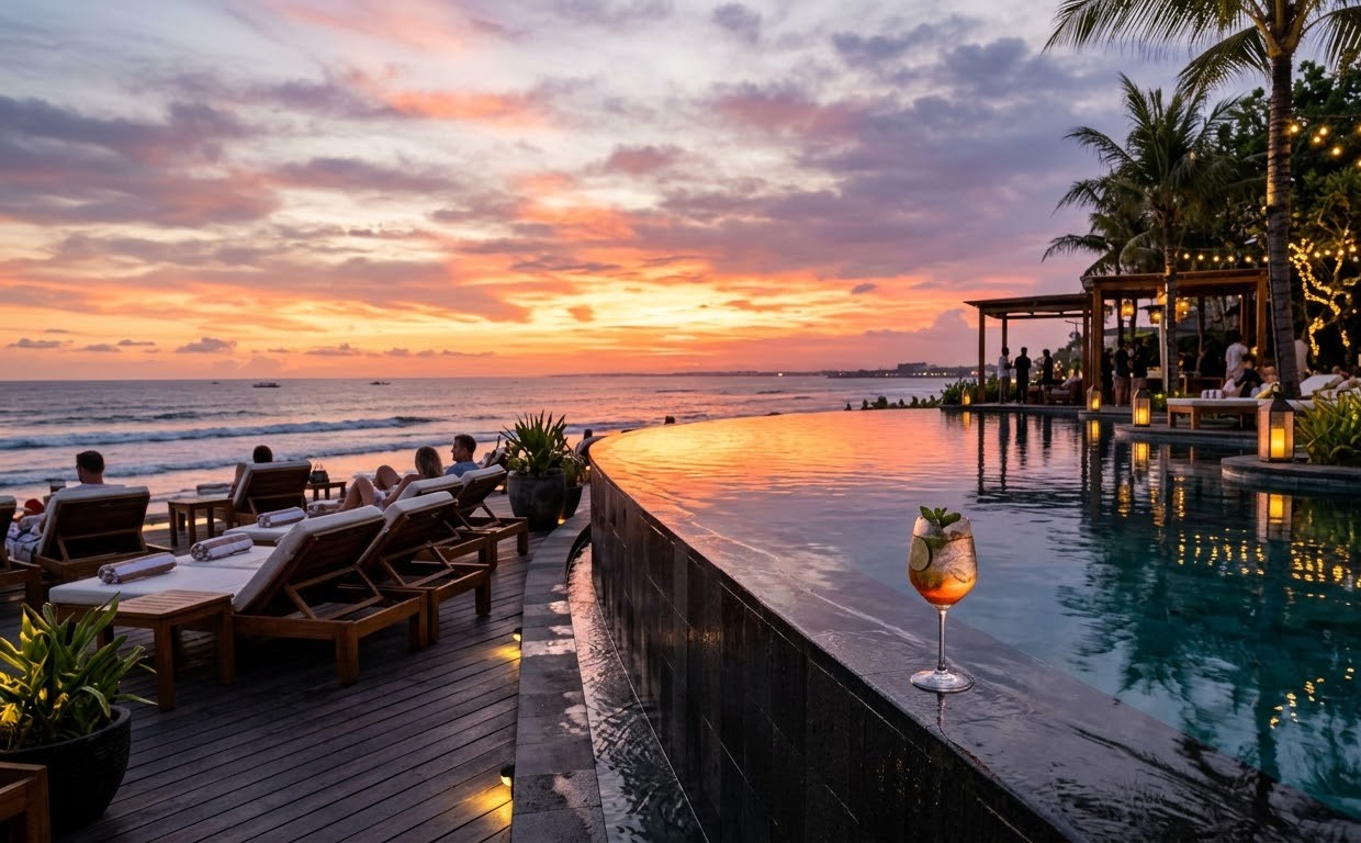 Luxury beachfront resort infinity pool in Seminyak Bali