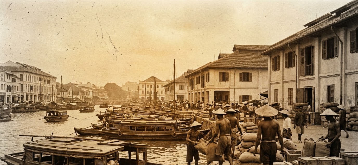 Historical scene of bumboats and lighters unloading cargo into riverside godown warehouses on the Singapore River Historical scene of bumboats and lighters unloading cargo into riverside godown warehouses on the Singapore River