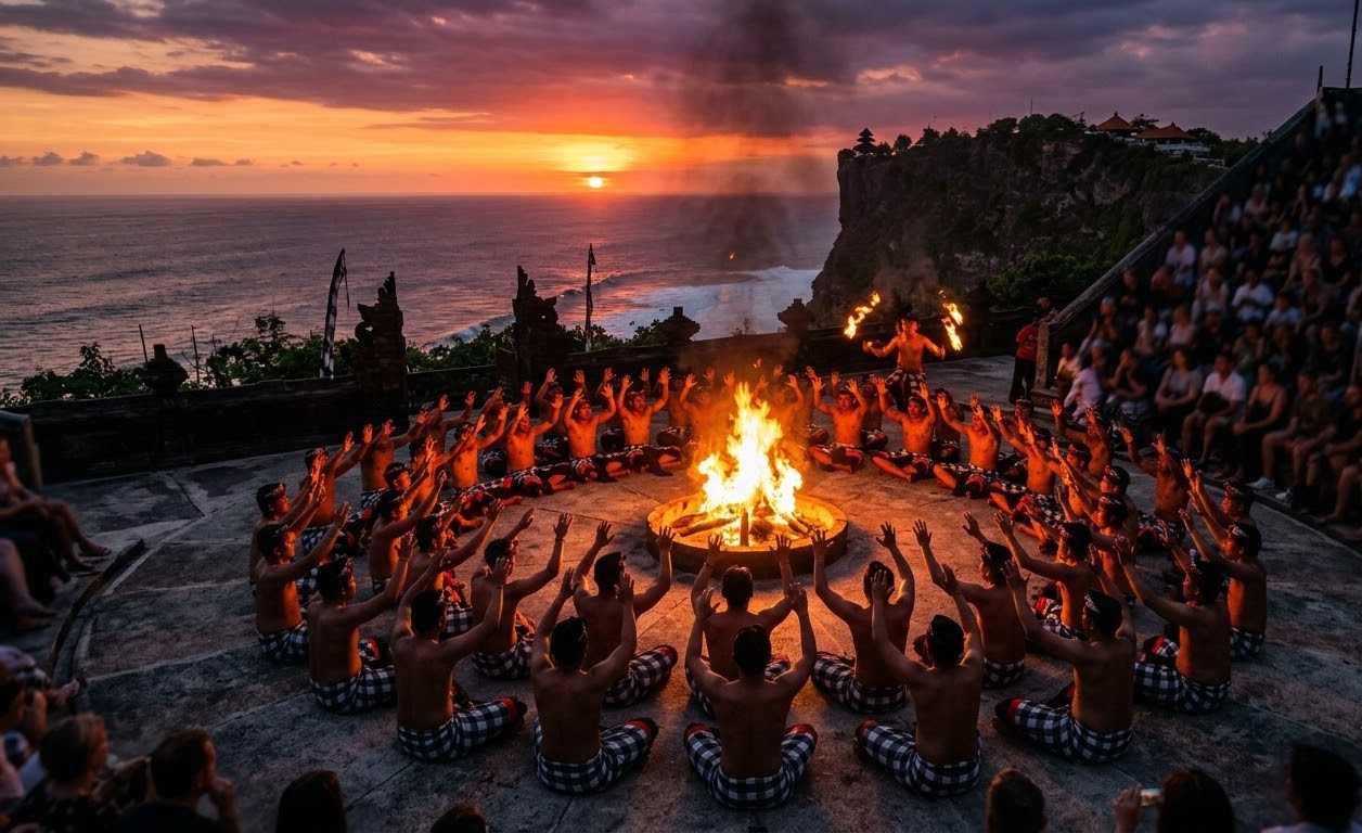 Kecak Fire Dance sunset performance at Uluwatu clifftop amphitheater