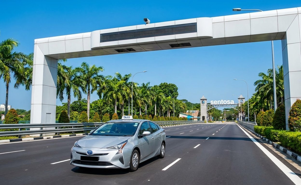 Car driving on the Sentosa Gateway entrance bridge roadway