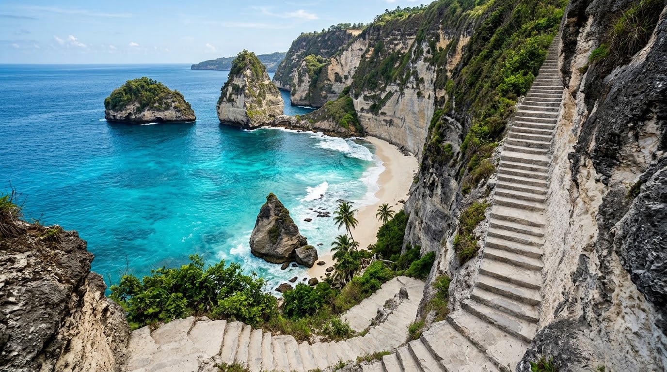 Diamond Beach white cliff staircase and rock spires in Nusa Penida