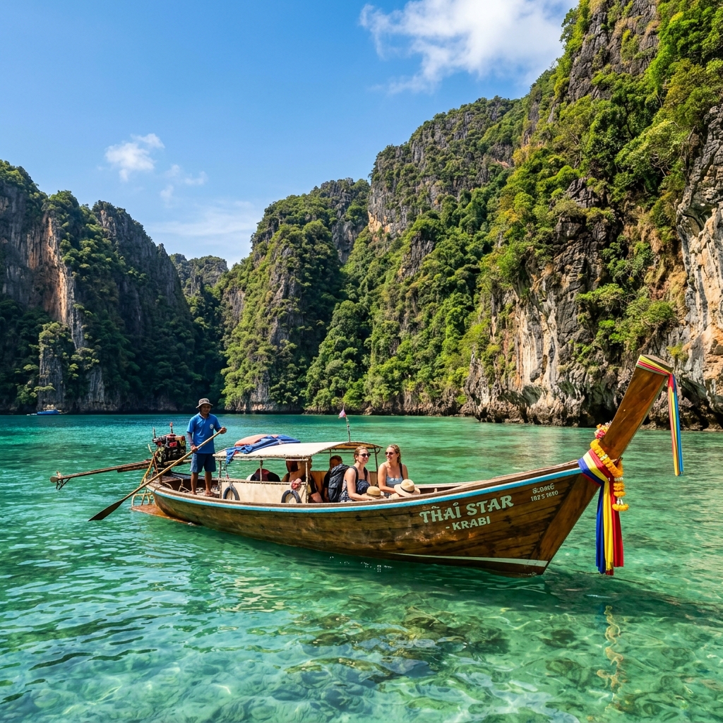 Classic Thai longtail boat floating on clear emerald water in front of limestone cliffs in Thailand