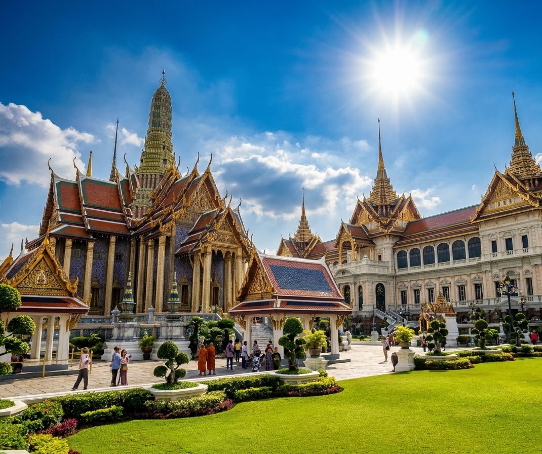 Majestic traditional golden roofs and spires of the Grand Palace temple complex in Bangkok Thailand Grand Palace Golden Spires