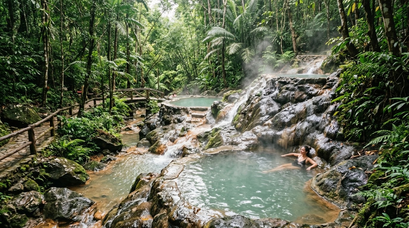 Natural thermal hot spring waterfall pools at Khlong Thom in Krabi