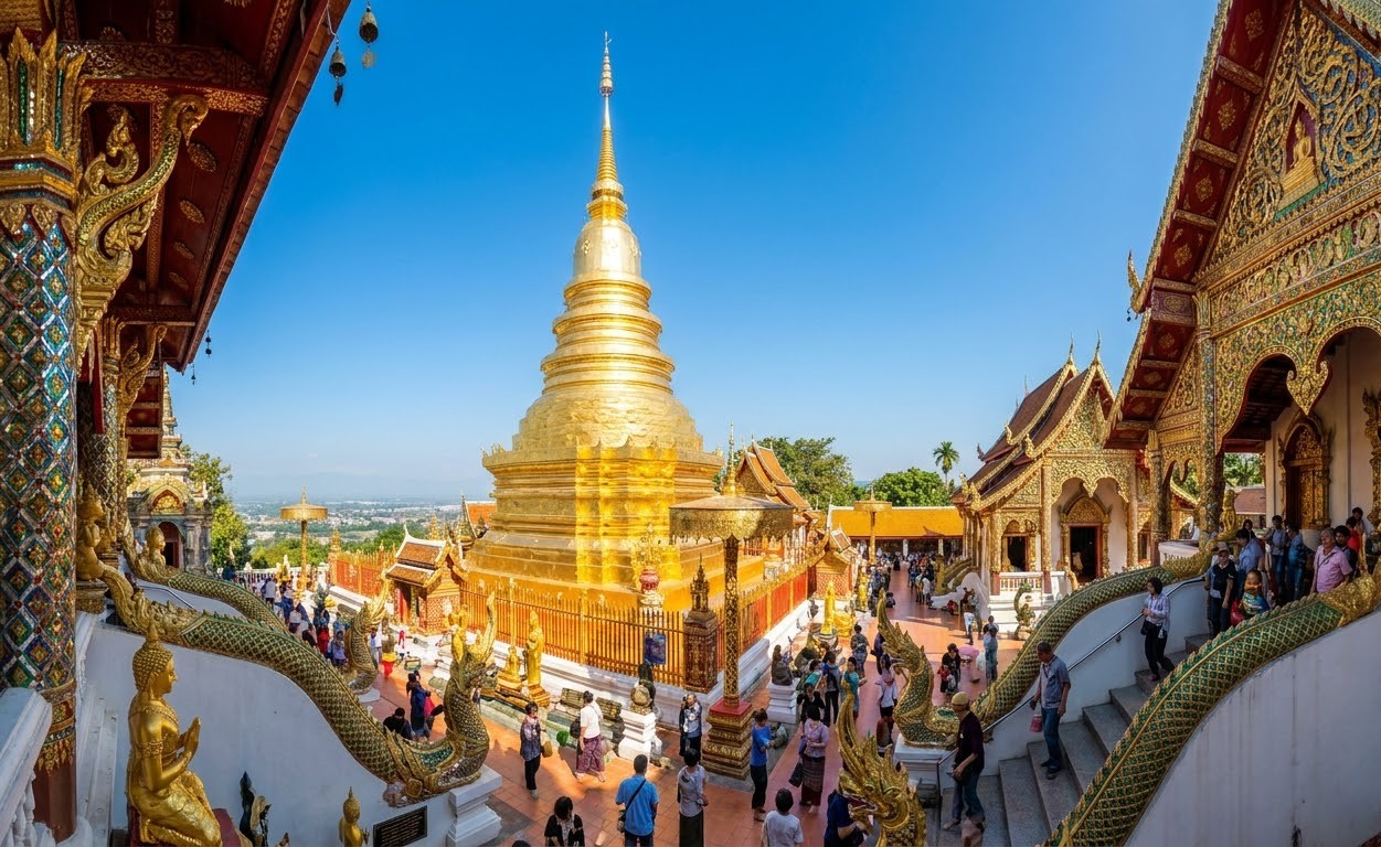 Wat Phra That Doi Suthep temple golden chedi gleaming in sunlight in Chiang Mai Thailand