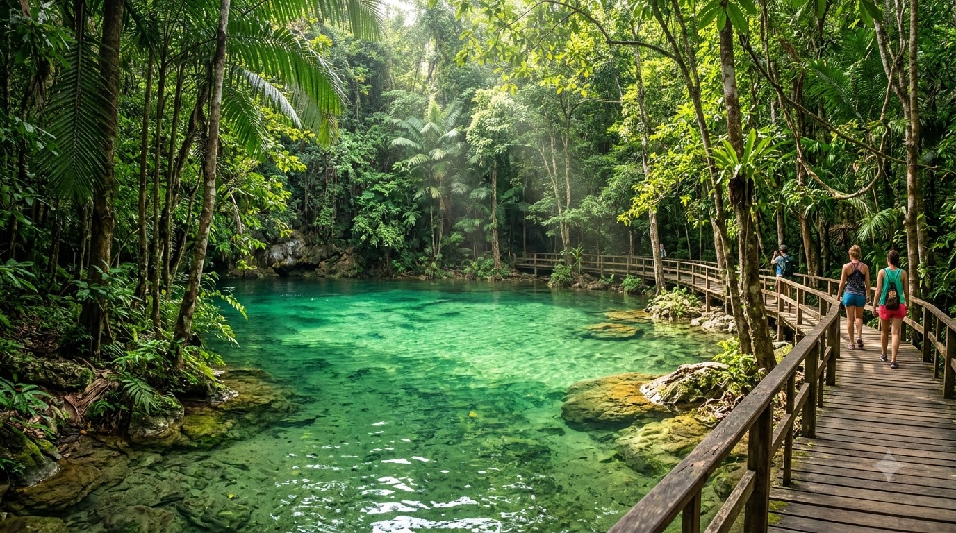 Natural crystal Emerald Pool Sa Morakot in Krabi rainforest
