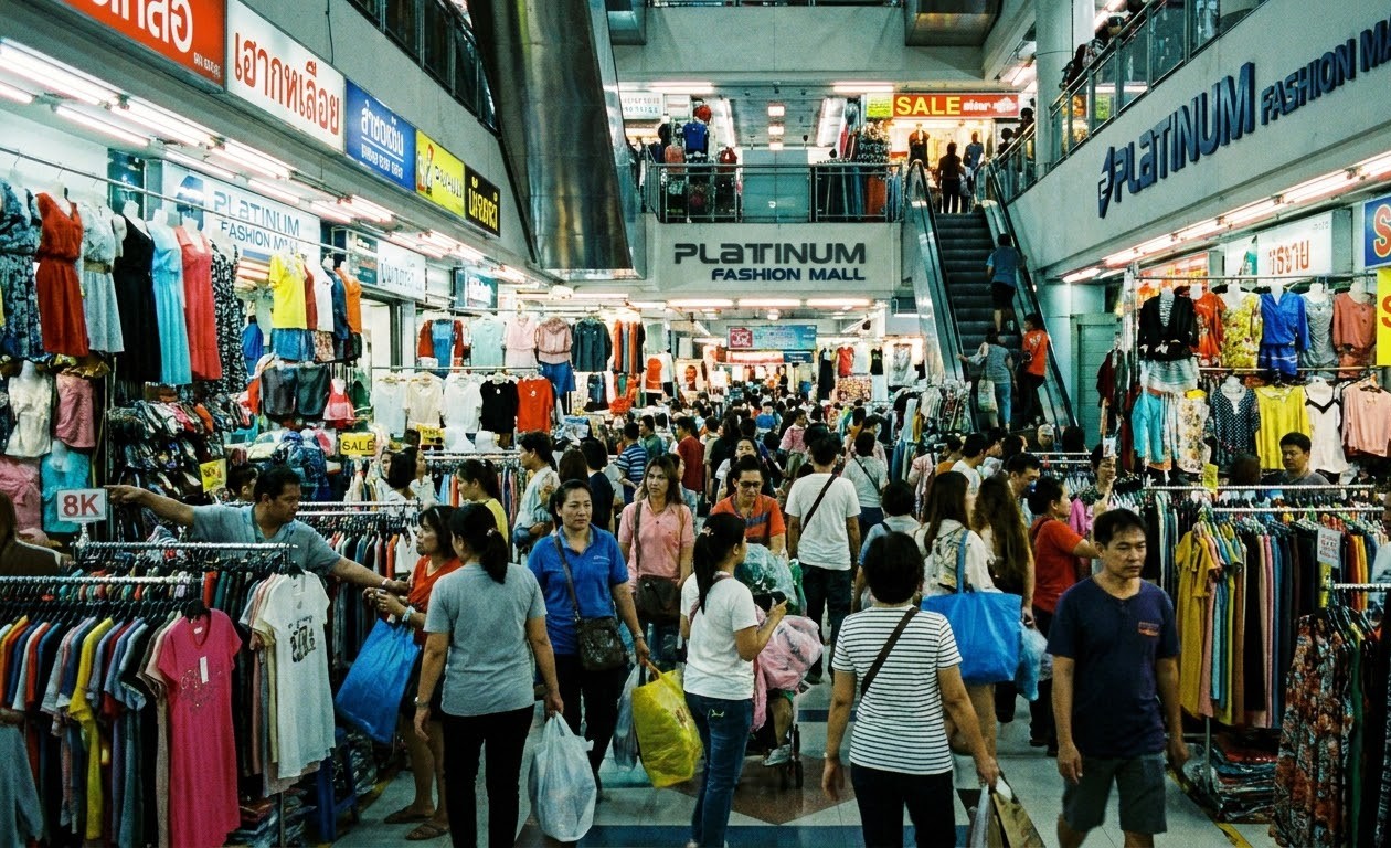Busy retail fashion bazaar inside Platinum Fashion Mall Pratunam Bangkok with clothing racks