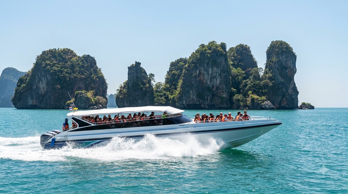 Speedboat tour cruising past soaring limestone karst formations in Krabi