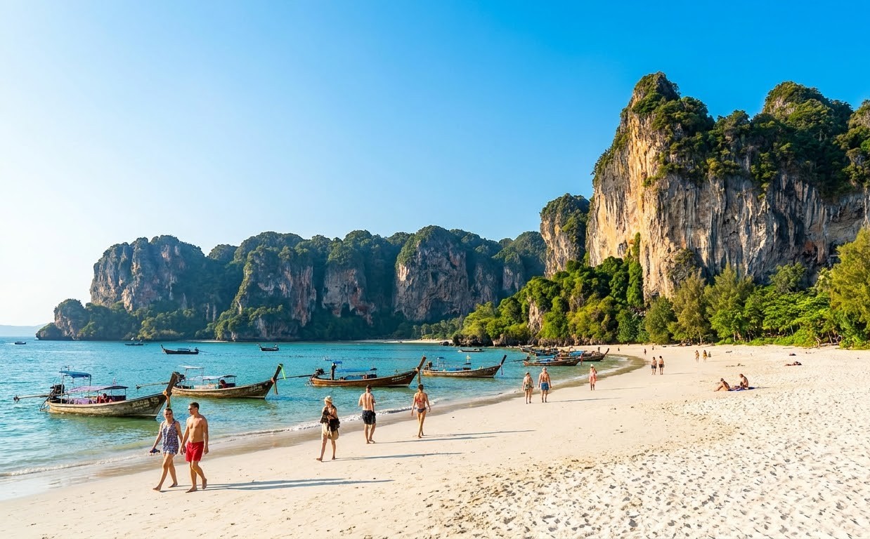 Stunning Railay Beach in Krabi showing white sand flanked by dramatic limestone cliffs
